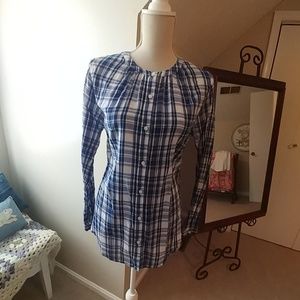 Lucky Brand Blue & White Plaid Button Down Blouse